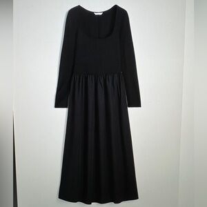 H&M long sleeve black midi dress w/ square neckline & flared cotton skirt in L